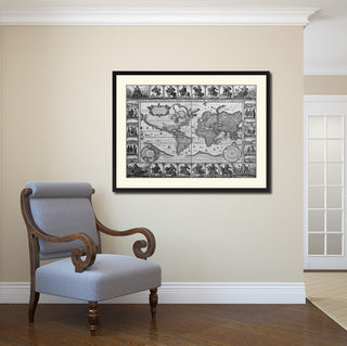 World Vintage Map Print On Canvas With Black Custom Frame, 28" X 37"