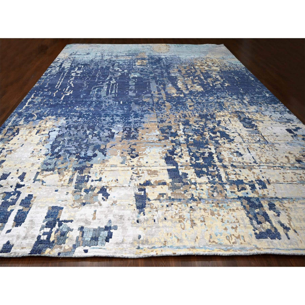 Blue, Mosaic Design, Wool and Silk, Hand Knotted, Oversized Rug, 13'9"x17'9"