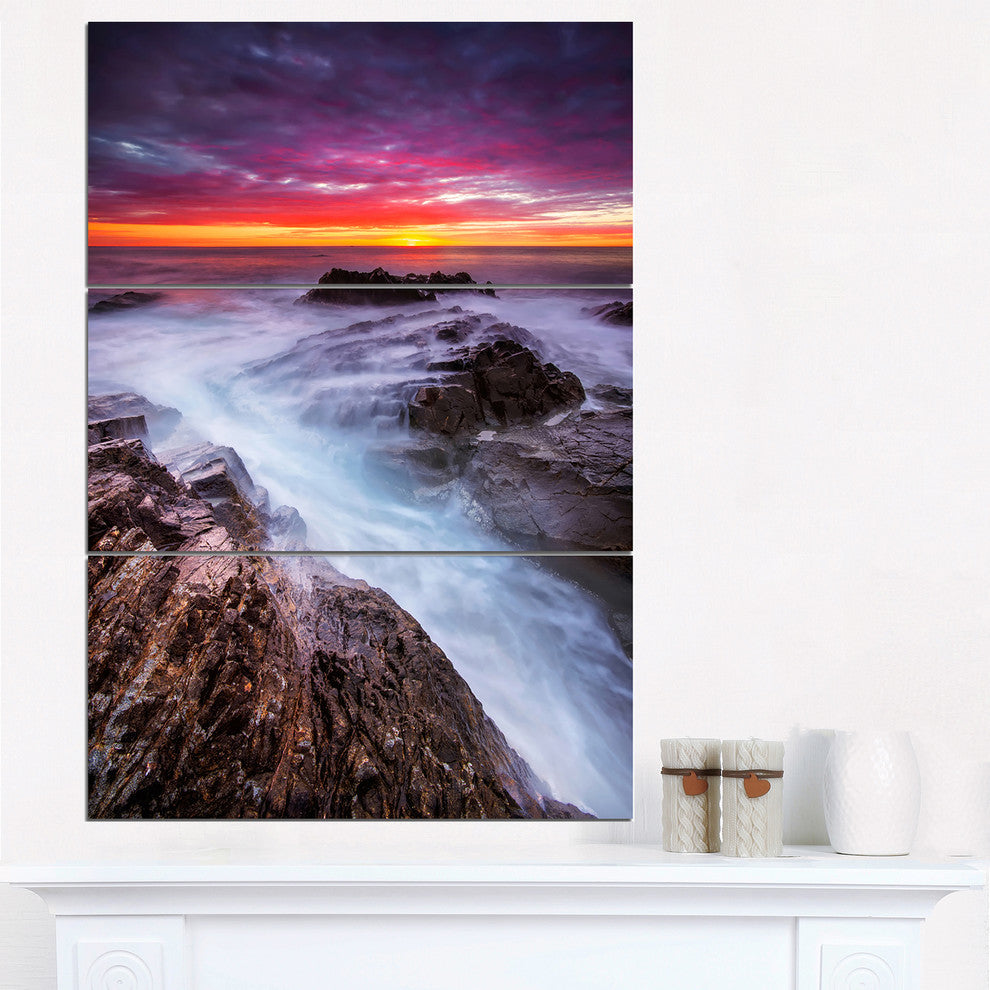 "Stormy Seashore With Colorful Sky" Beach Metal Wall Art, 3 Panels, 28"x36"