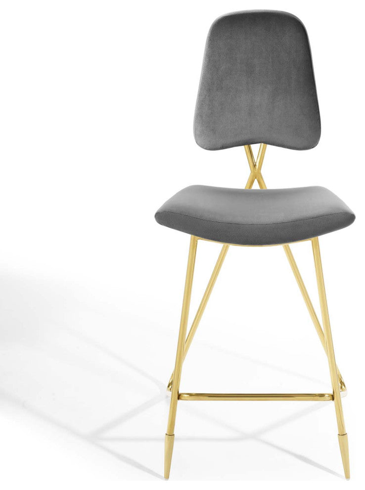 Bar Stool Chair Barstool, Set of 2, Velvet, Metal, Gray, Modern, Bar Pub