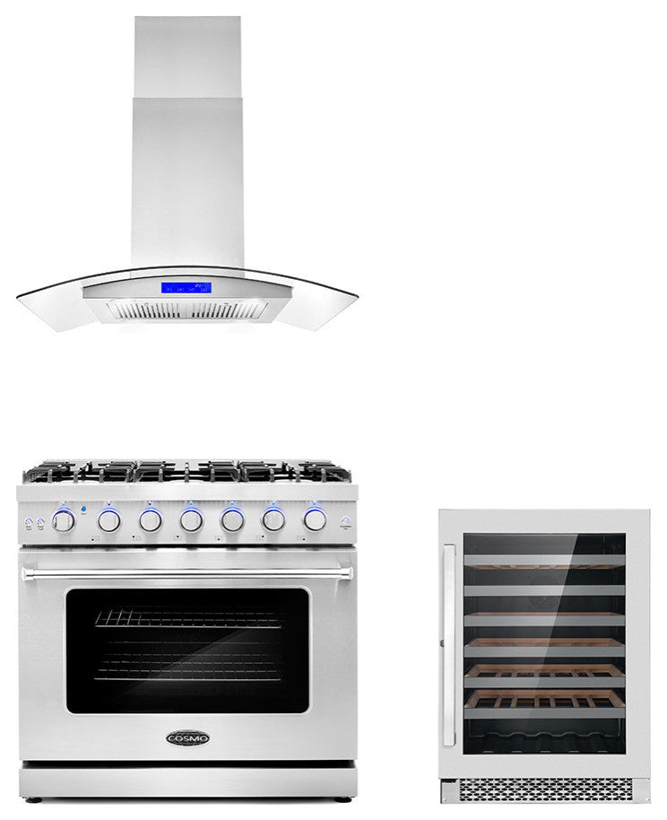 3-Piece, 36" Gas Range, 36" Range Hood and 48 Bottle Wine Refrigerator