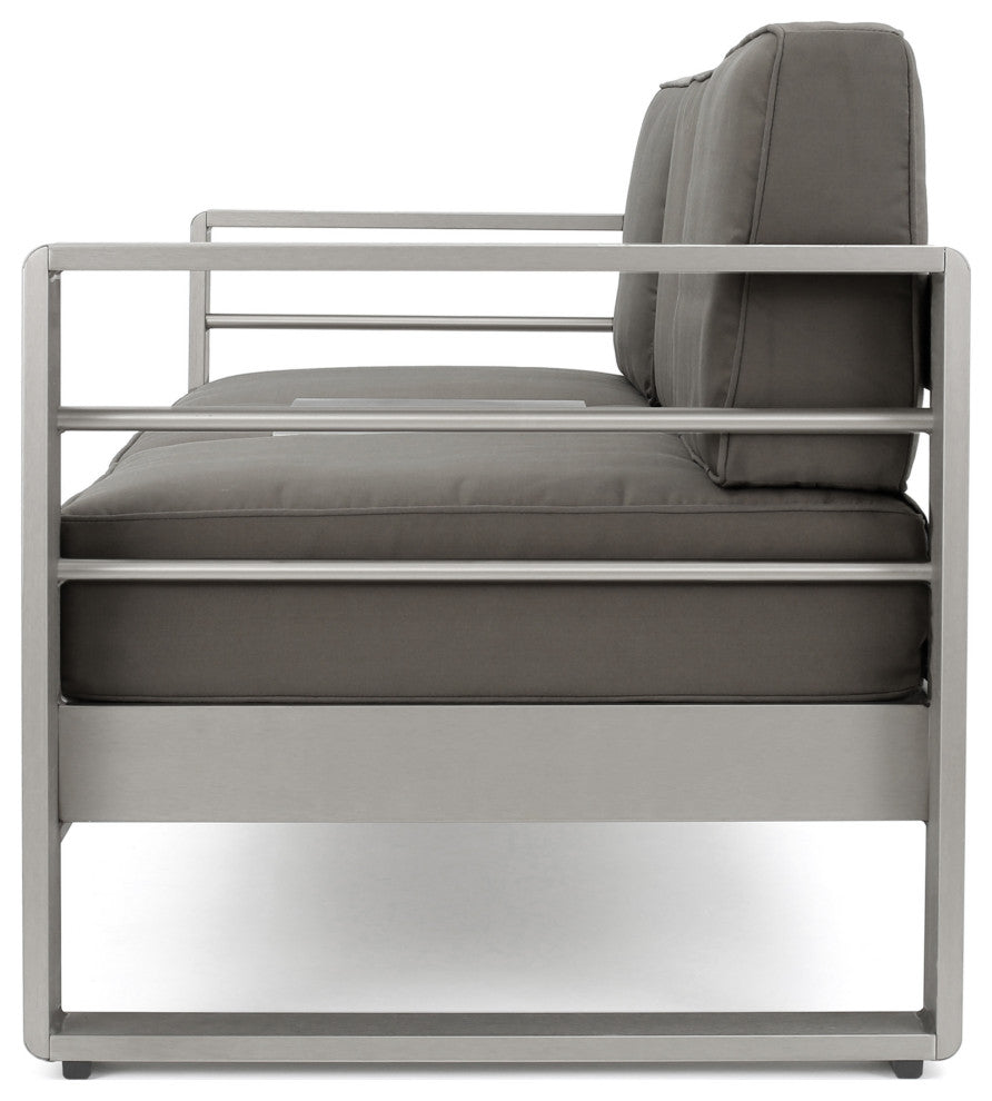 GDF Studio Crested Bay Outdoor Aluminum Loveseat Sofa with Tray