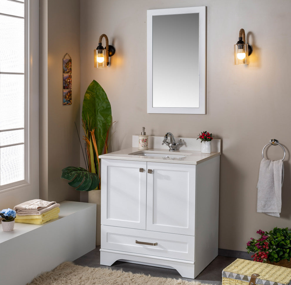 Livia Collection 30" Bath Vanity Quartz Top and Ceramic Sink, White, 30"