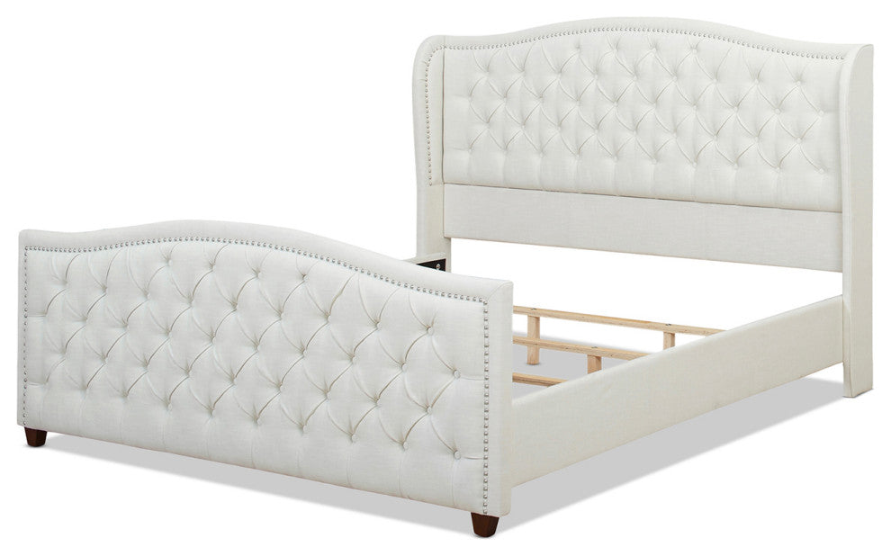 Marcella Upholstered Tufted Shelter Wingback Panel Bed, Antique White Polyester, King