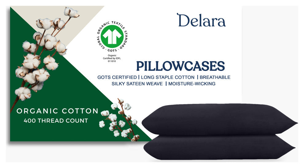Delara GOTS 100% Organic Cotton Pillowcase Set of 2 400TC, Dark Gray, Queen, 21"x32"