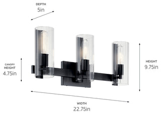 Jemsa 22.75" 3 Light Vanity With Clear Fluted Glass, Black