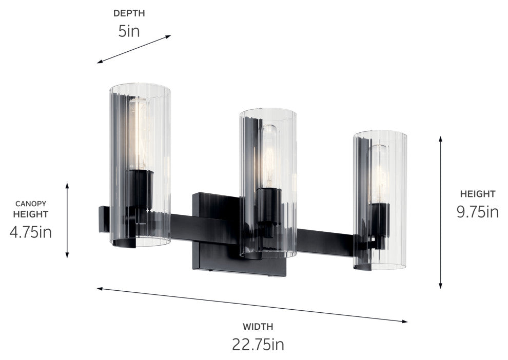 Jemsa 22.75" 3 Light Vanity With Clear Fluted Glass, Black