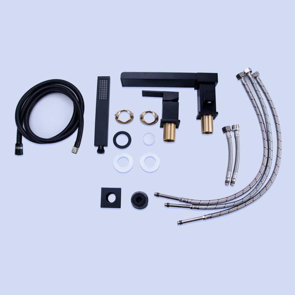 Mill Deck-Mount Waterfall Roman Bathtub Filler Faucet with Handshower, Matte Black