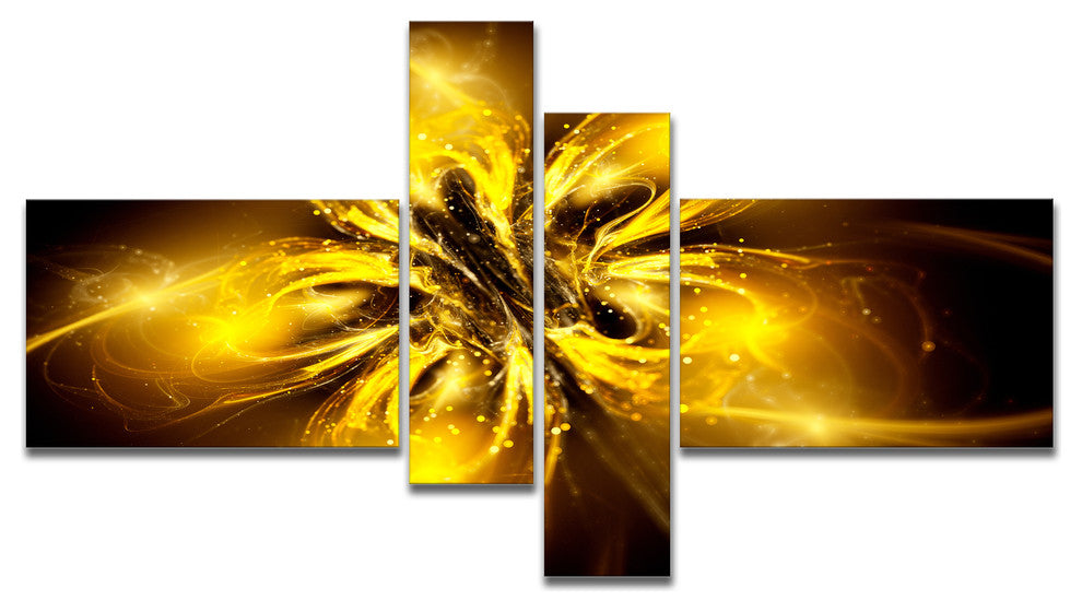 Shiny Gold Fractal Flower on Black, Floral Canvas Art Print, 60"x32", 4 panels