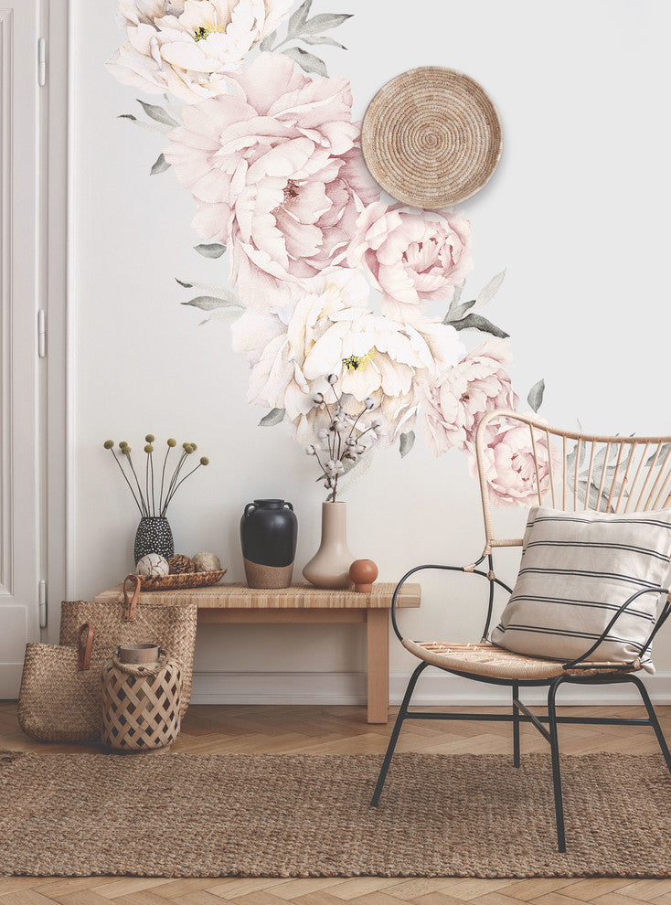 Peony Flowers Vinyl Wall Sticker, Grey Washed Pink