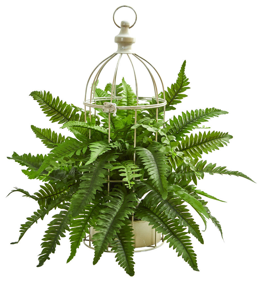 Boston Fern Artificial Plant in Decorative Cage