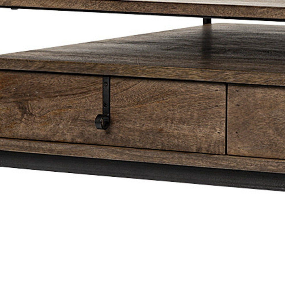 Rectangular Solid Wood and Black Metal Coffee Table W 3 Drawers