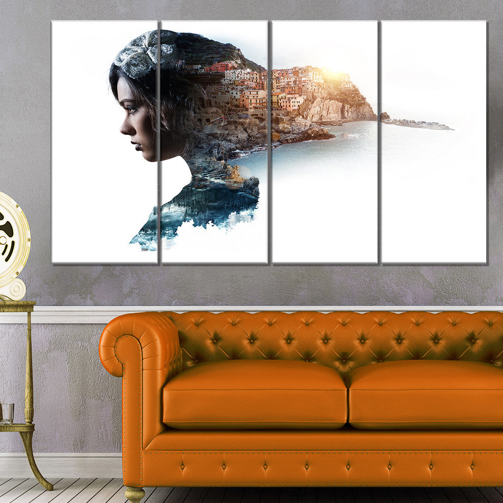Double Exposure Woman Portrait, Portrait Canvas Art Print, 48"x28", 4 Panels