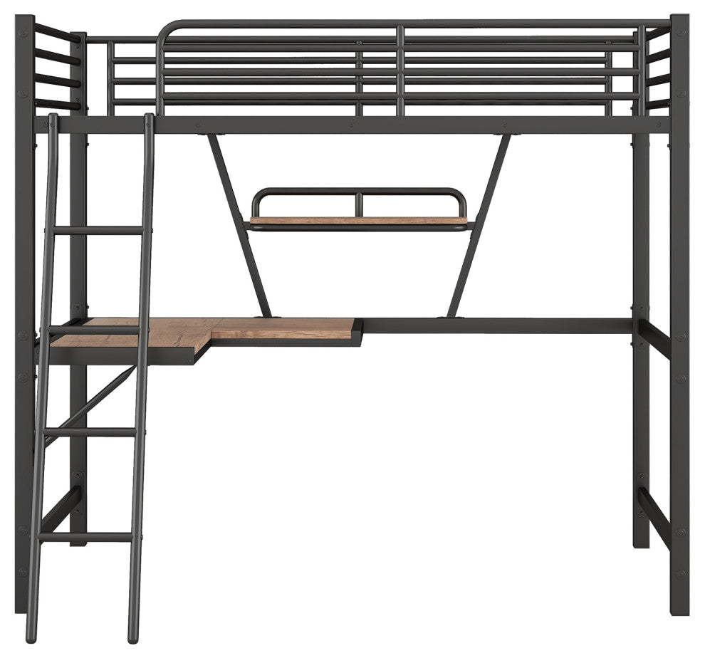 Gewnee Twin Size Loft Metal&MDF Bed with Desk and Shelf in Black