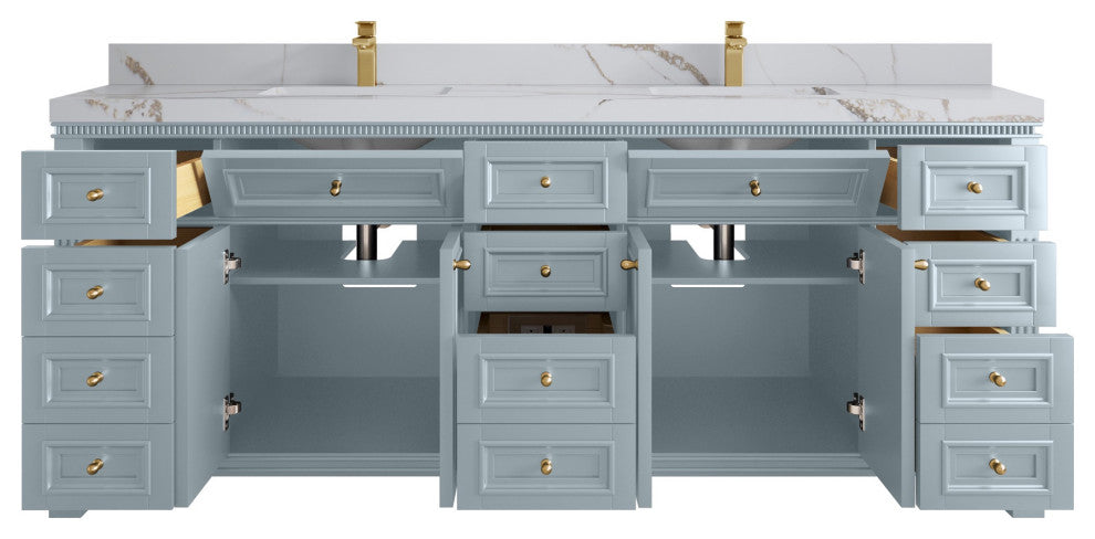 Paris 84" Double Sink Bathroom Vanity, Blue Heather 2" Calacatta Gold