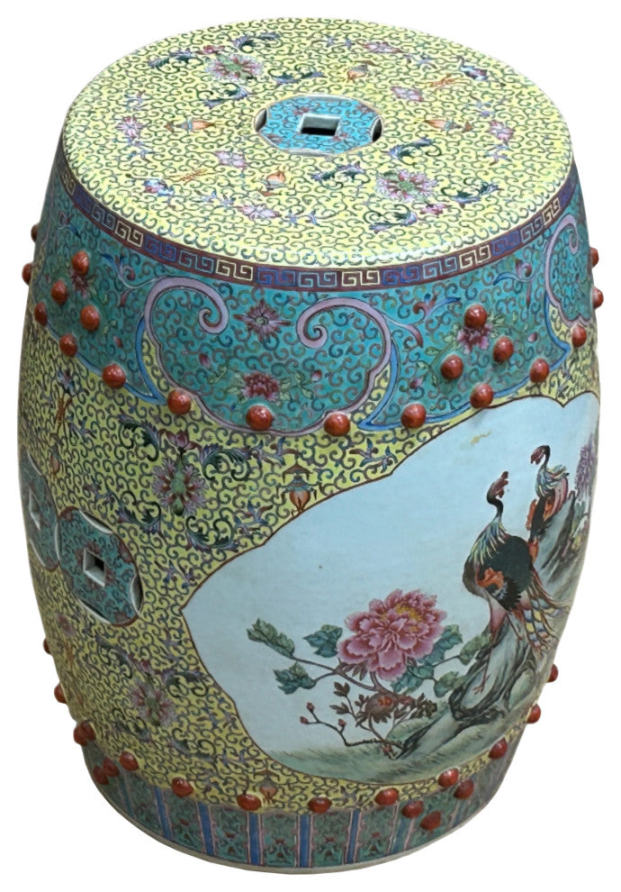 Vintage Famille Rose Yellow Base Peacocks Peony Porcelain Round Stool Hws4350