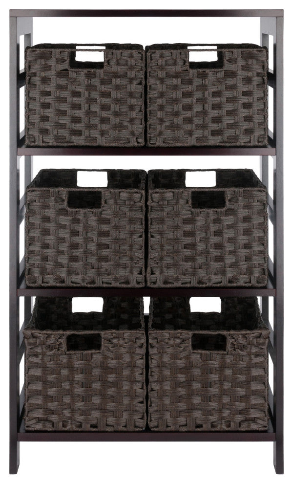 Leo 7-PieceStorage Shelf With 6 Foldable Woven Baskets, Espresso and Chocolate