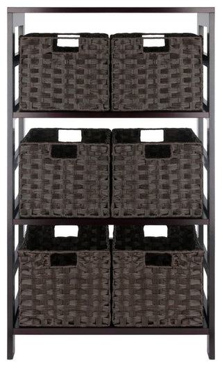 Leo 7-PieceStorage Shelf With 6 Foldable Woven Baskets, Espresso and Chocolate