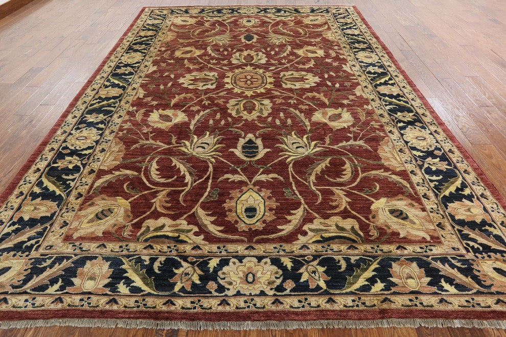 New Rajasthan Collection Red & Navy Blue 9'x12' Hand Knotted Wool Area Rug H8632