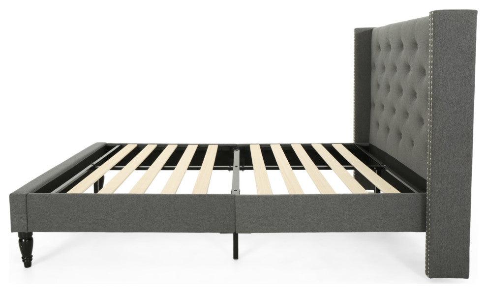 GDF Studio Ray Traditional Fully-Upholstered Queen-Size Bed Frame, Charcoal Gray
