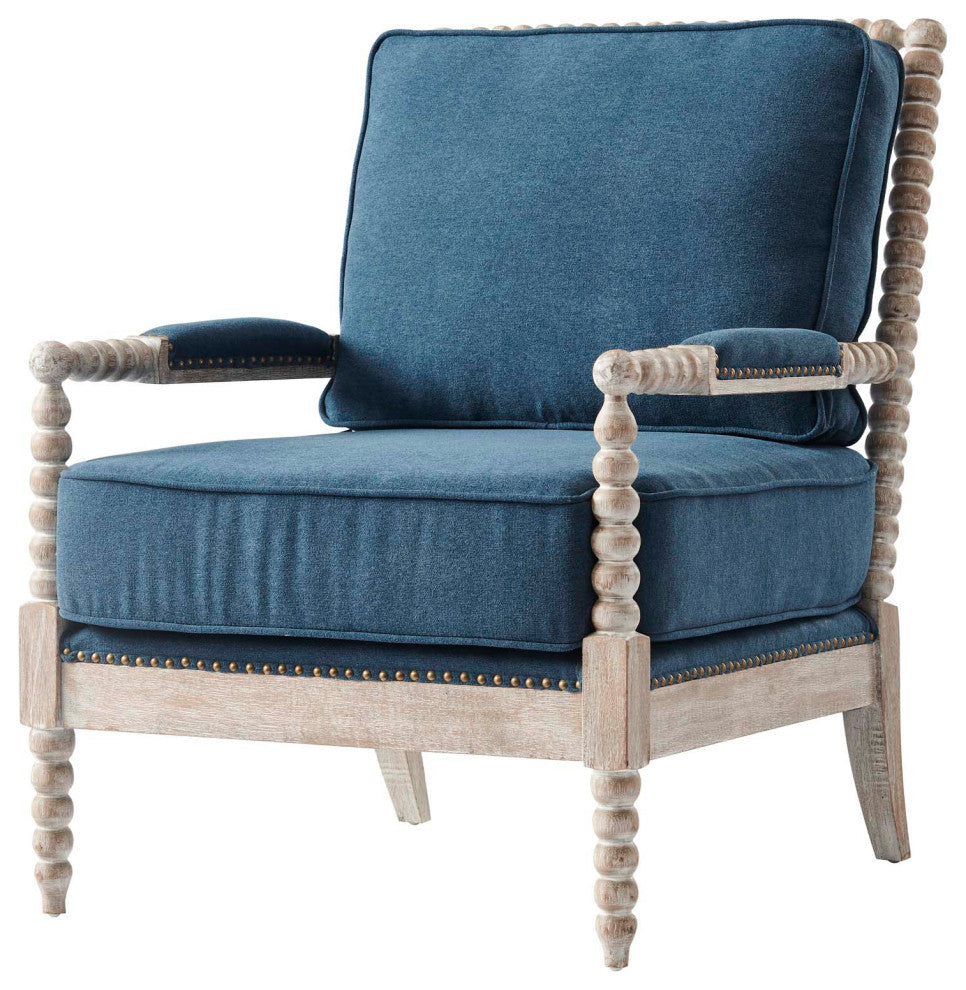 Armchair Accent Chair, Nailhead, Blue Navy Natural, Fabric, Modern, Hospitality