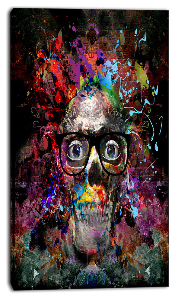 Colorful Human Skull with Glasses, Abstract Wall Art Canvas, 16"x32"