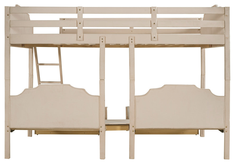 Gewnee Velvet Full Over Twin Triple Bunk Bed with Drawers in Beige