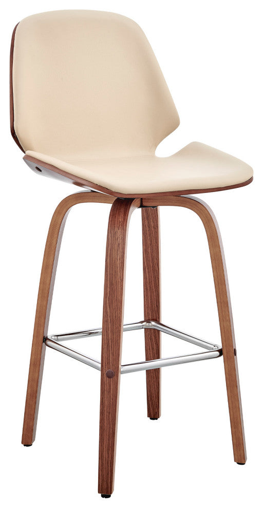 26" Cream Faux Leather Swivel Seat Wooden Bar Stool
