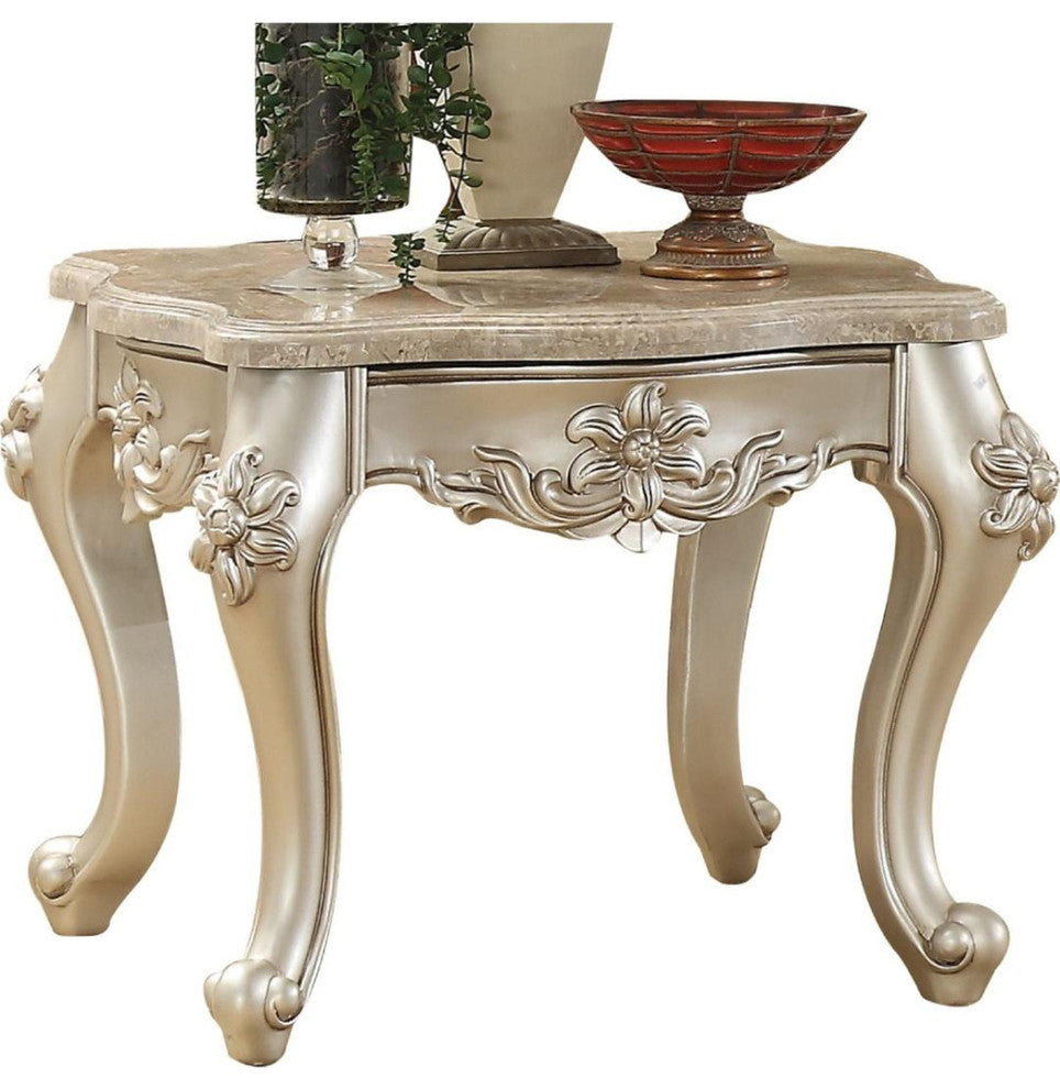 Benzara BM185780 End Table With Flower Motif Engraved Angular Wood Feet, Silver
