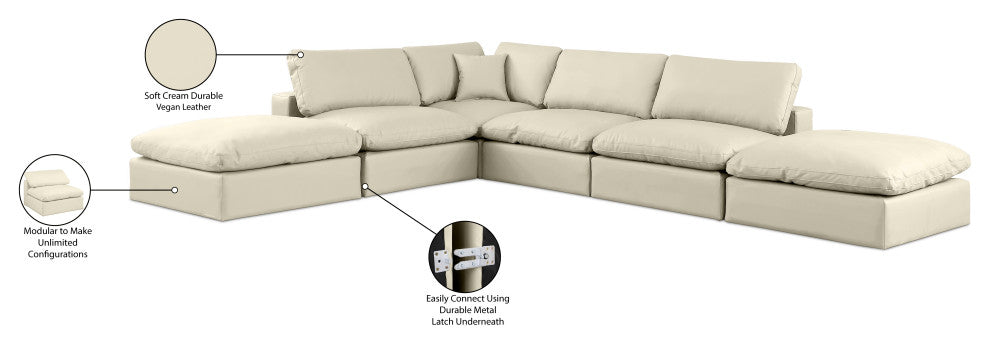 Comfy Upholstered L-Shaped Modular Sectional, Cream, 6-Piece: 3 Armless Chair, 1 Corner Chair, 2 Ottoman, Vegan Leather