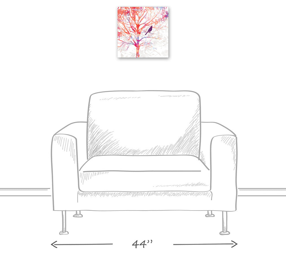 Watercolor Bird in Red Tree 12x12 Canvas Wall Art