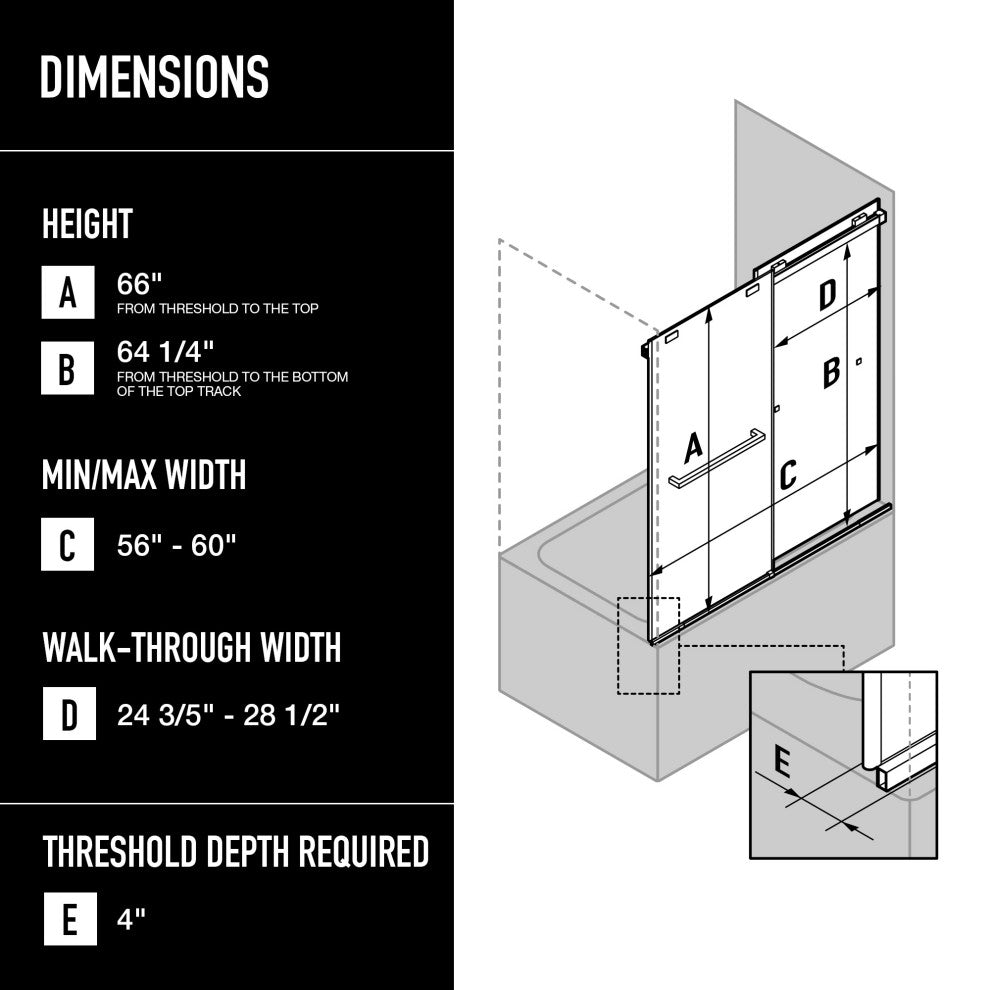 VIGO Houston Frameless Sliding, V-Motion, Matte Black, Tub Door, 56" to 60" W X 66" H, Clear Glass
