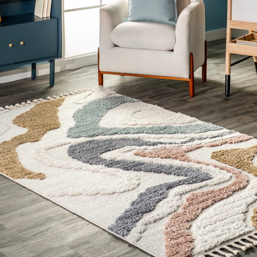 Nuloom Abstract Striped Kids Tassel Area Rug, Beige 5'x8'