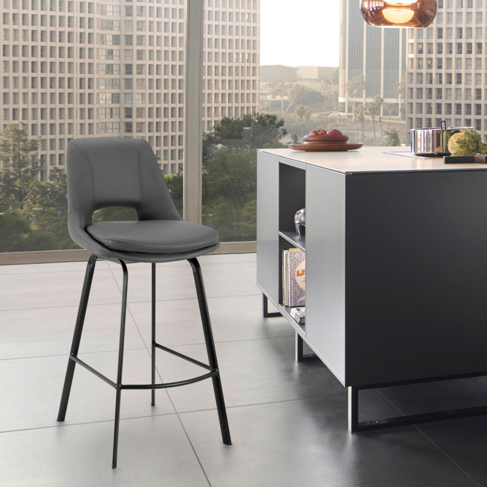 26" Elegant Gray Faux Leather and Black Metal Armless Swivel Counter Stool