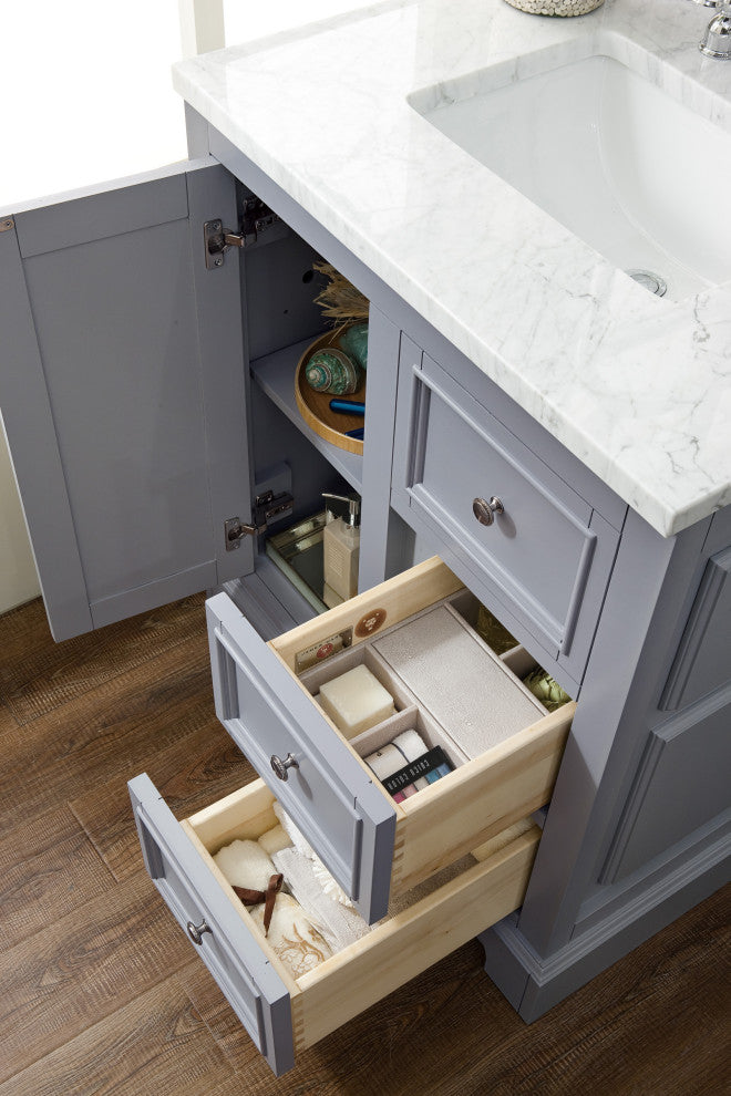 De Soto 30" Vanity, Silver Gray, Carrara Marble Top