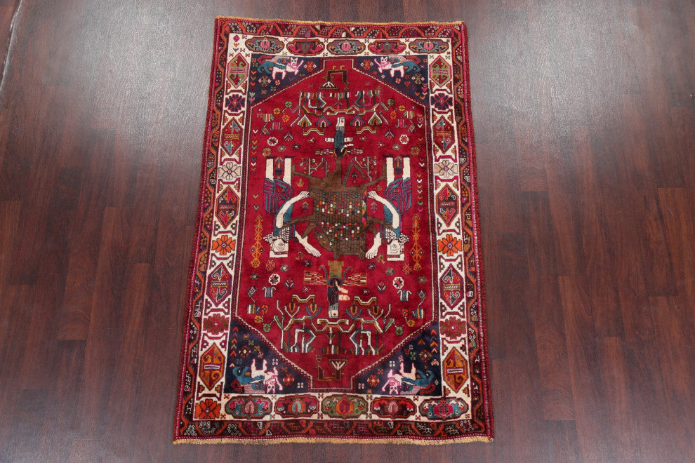 Consigned, Vintage Novelty Traditional Hand Made Persian Area Rug, Red, 4x6