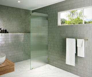 30"x78" Frameless Shower Door, Single Fixed Panel Fluted Radius, Polished Brass, 30" Right