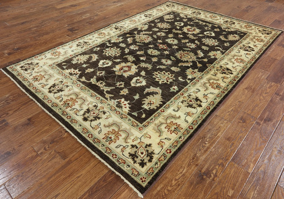 Brown Oushak Style Peshawar Quality Chobi Hand-Knotted Wool Rug, 6'x9'