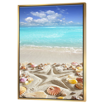 Designart Caribbean Sea Starfish Beach Framed Canvas Art Print, Gold, 18x34