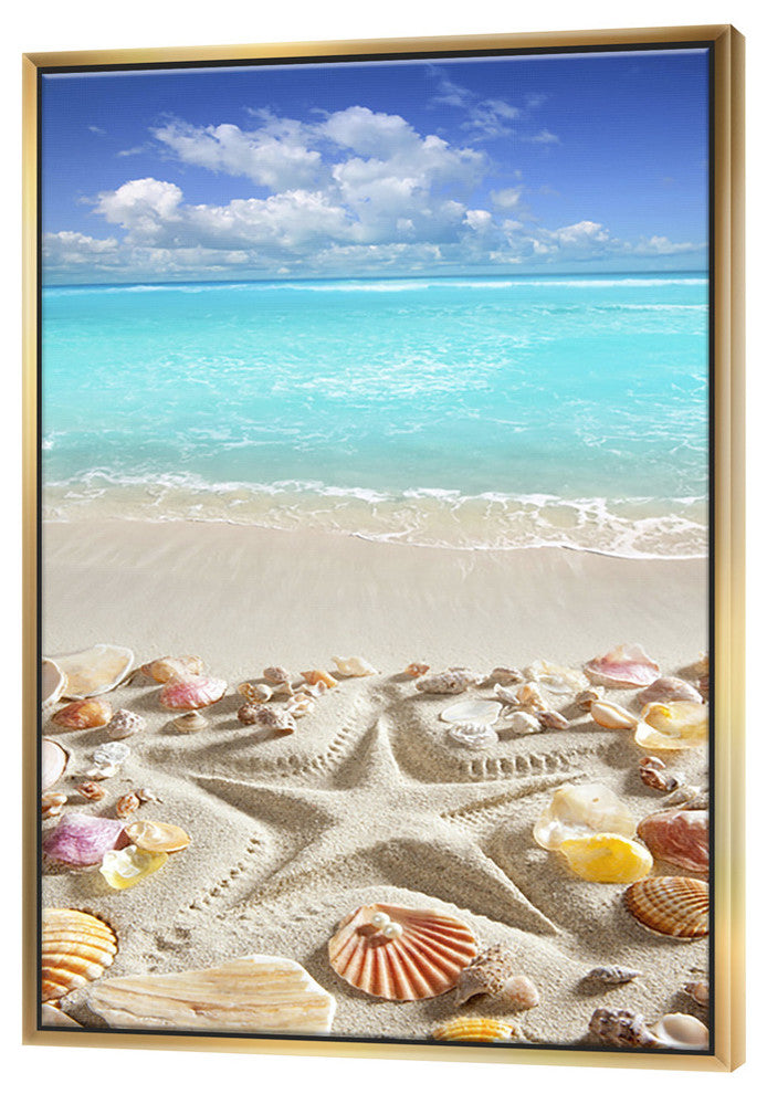 Designart Caribbean Sea Starfish Beach Framed Canvas Art Print, Gold, 18x34