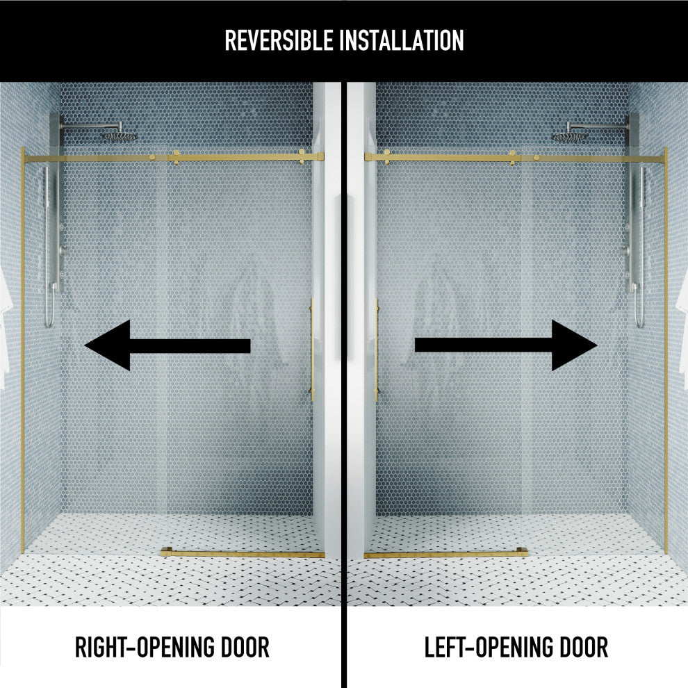 VIGO Luca 56" to 60" W x 79" H Frameless Sliding Shower Door, Matte Brushed Gold, Clear Glass