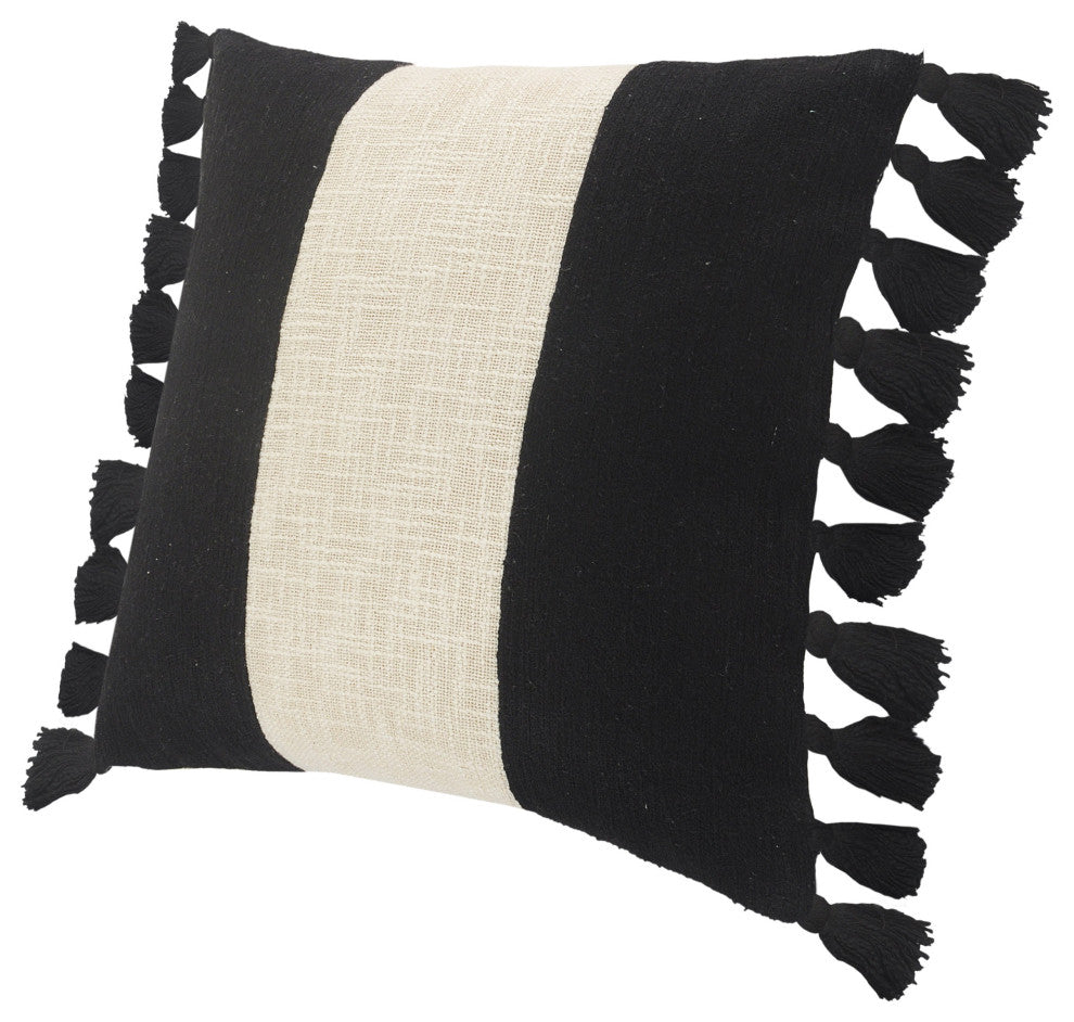 Tri-Stripe Black and Ivory Fringe Pillow
