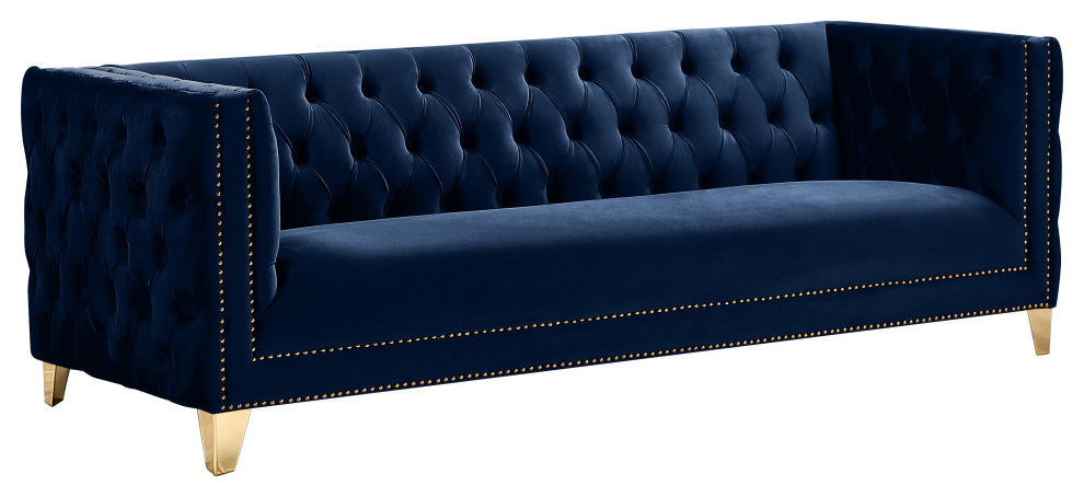 Michelle Fabric Upholstered Chair, Gold Iron Legs, Navy, Velvet, Sofa