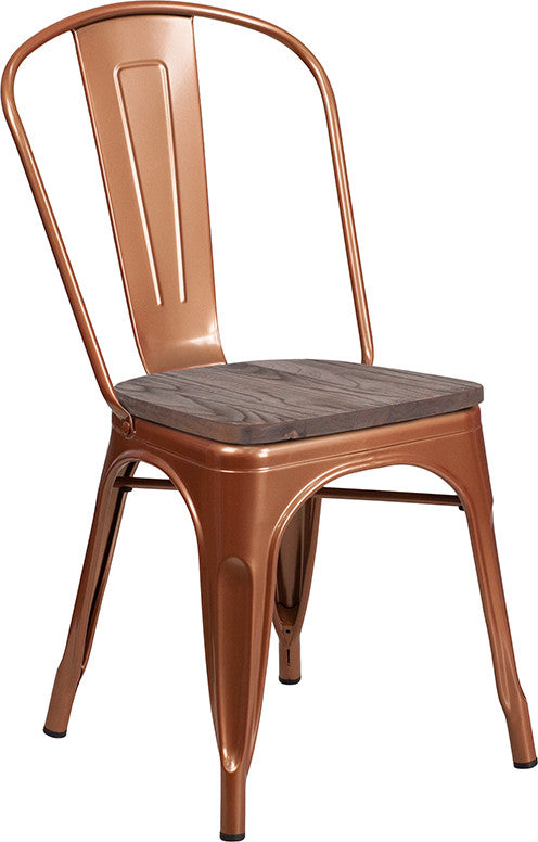 Copper Metal Stackable Chair With Wood Seat
