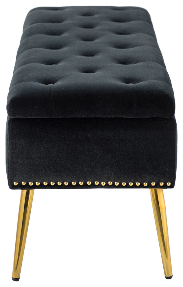 Button-tufted Storage Bench with Nailhead Trim, Black