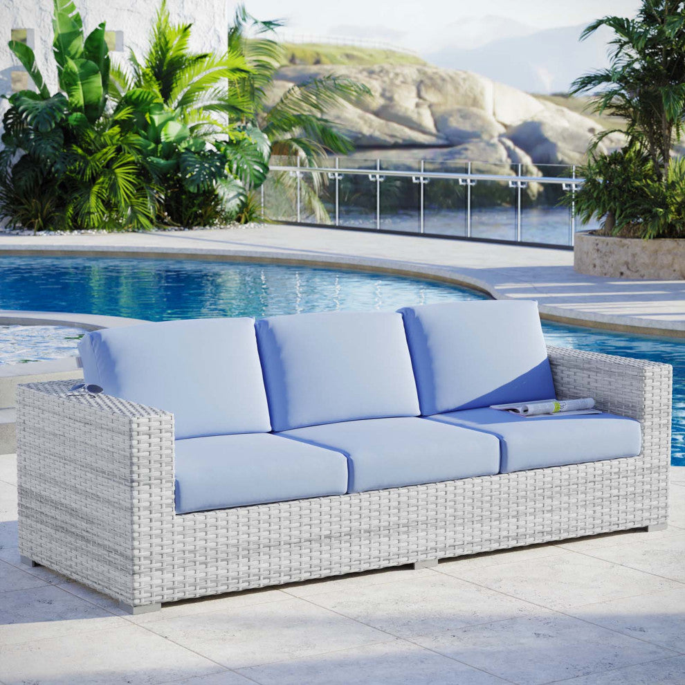 Lounge Sofa, Rattan, Wicker, Gray Blue, Modern, Outdoor Patio Cafe Bistro