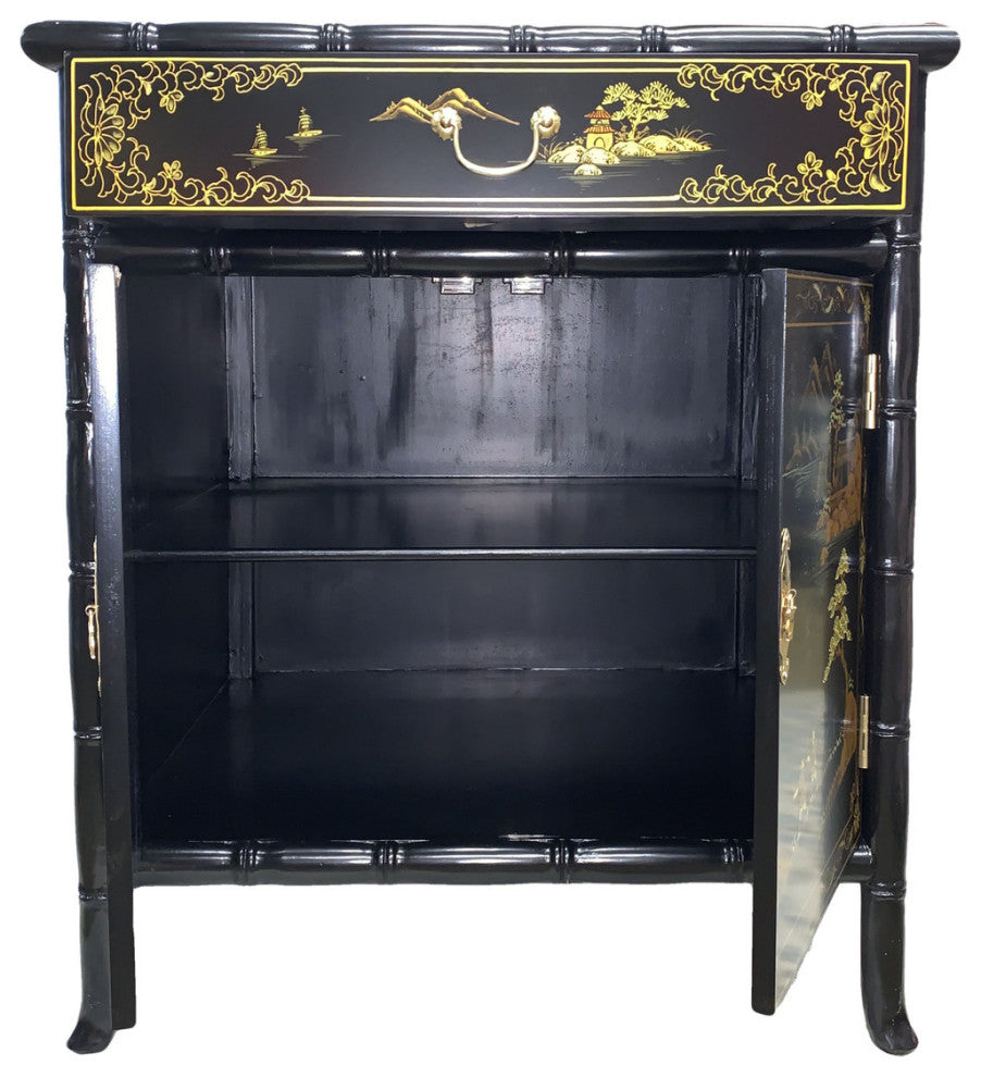 Oriental Bamboo Shoe Cabinet Landscape Painted, 14"