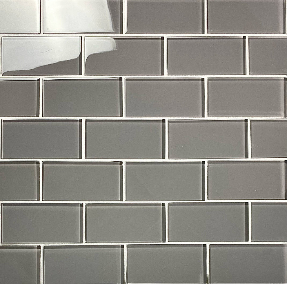 Metro 3" x 6" Glossy Glass Subway Wall Tile,Pebble Gray, Sample