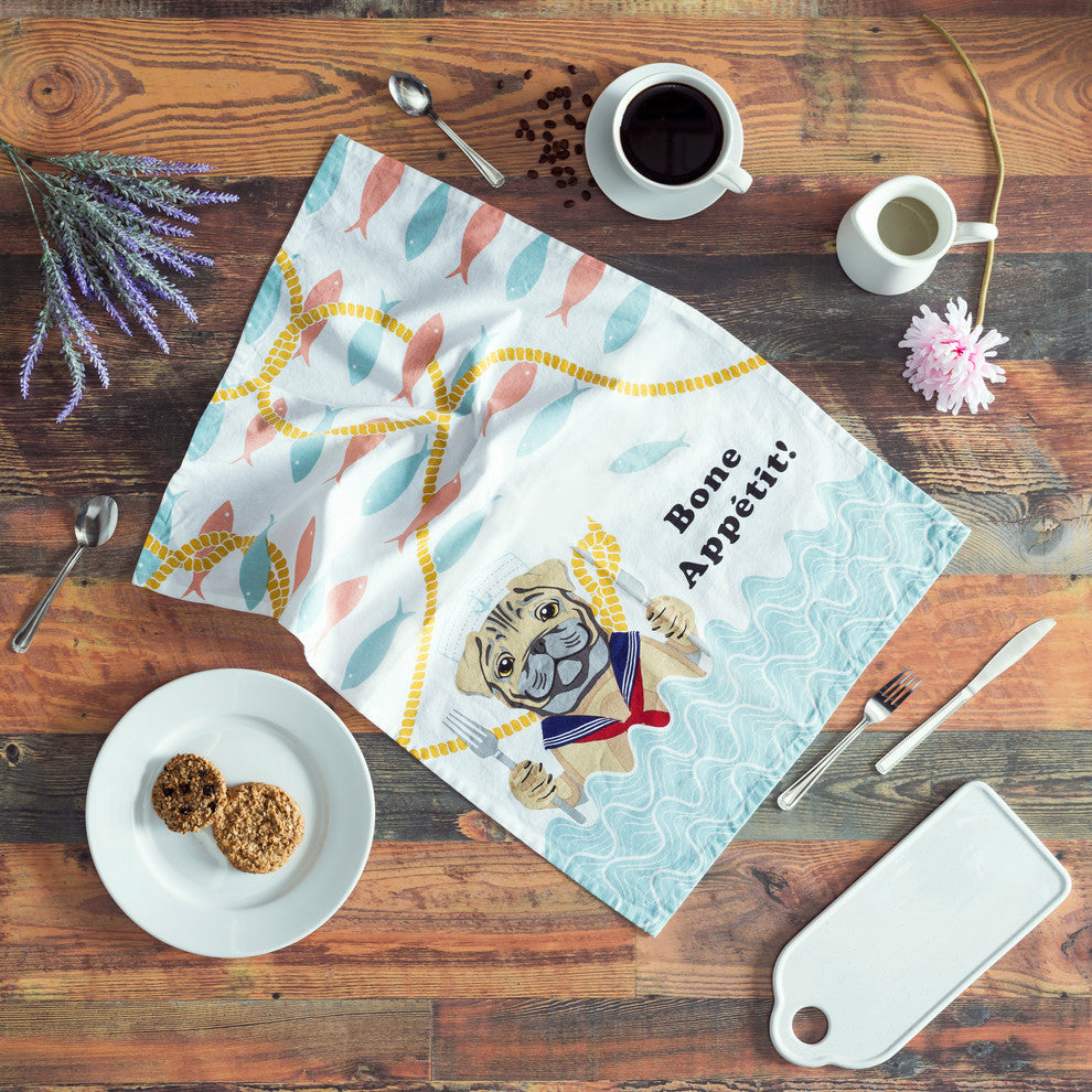 Nautical Dogs Kitchen Tea Towels, Pug