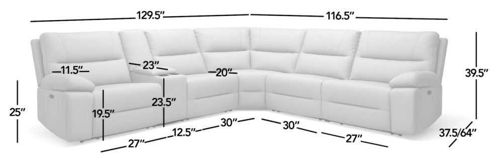 Malibu 130" Top Grain Leather 6-Piece Power Reclining Sectional, Coal Black